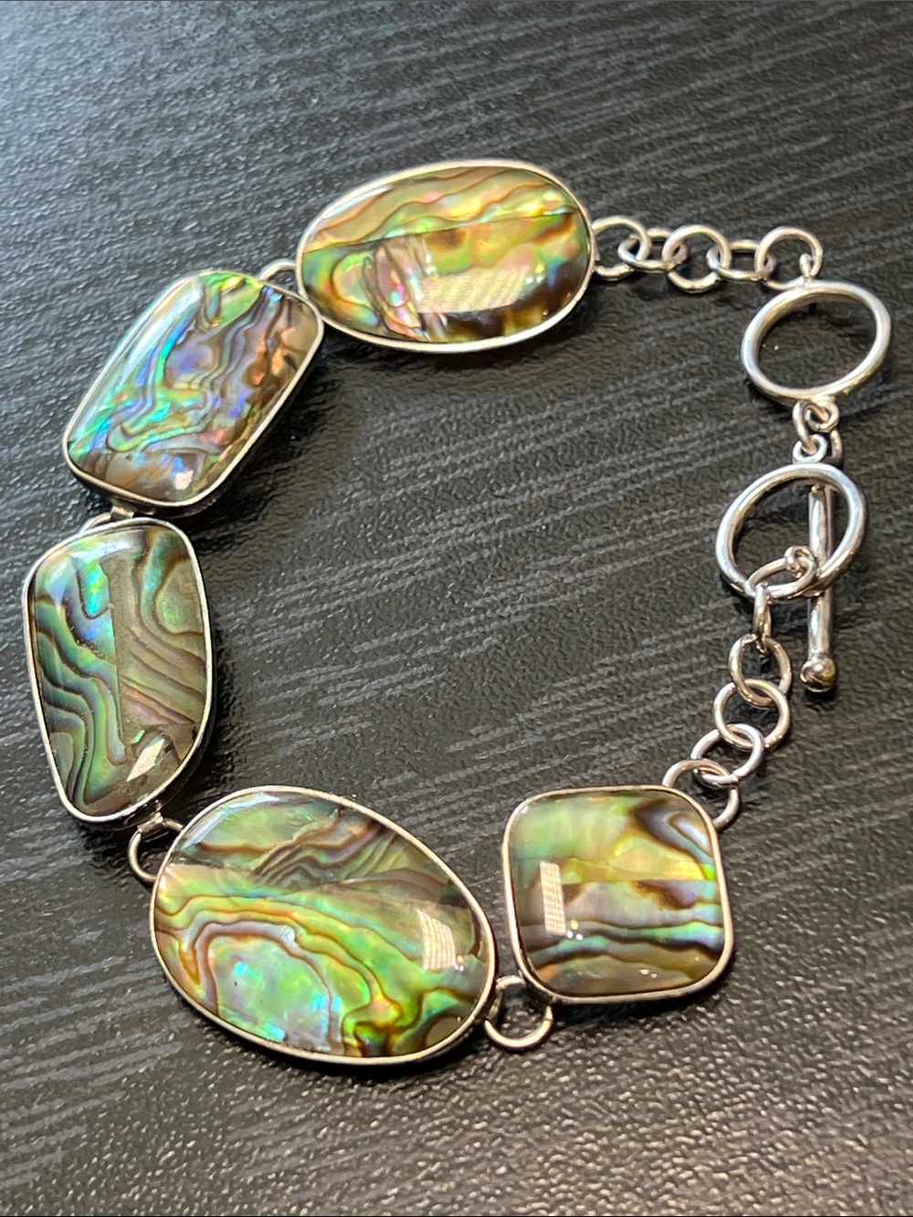 Vintage Designer Lucas Lameth Sterling Silver 925 Abalone Shell Toggle Bracelet